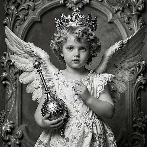 Black-and-white photograph of a curly-haired, winged cherub child wearing a detailed crown and lace dress, holding a scepter. Ornate,
