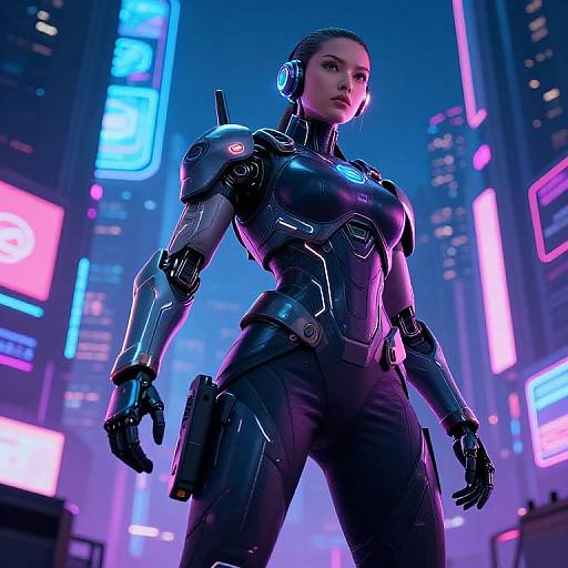 CGI image of a strong, armored female cyborg in a neon-lit futuristic city, wearing a sleek black bodysuit with metallic accents,