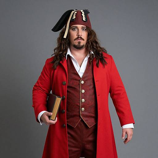 Photograph of a bearded man in a red pirate coat, brown vest, white shirt, black tricorn hat, holding a book, against a