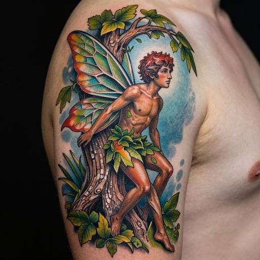 Photograph of a colorful tattoo on a shirtless man's upper arm featuring a fairy with red hair, green wings, and tree leaves, standing beside
