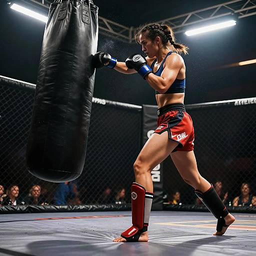 Photograph of a muscular woman with brown hair in a ponytail, wearing a blue sports bra, red shorts, and black gloves, punching a black
