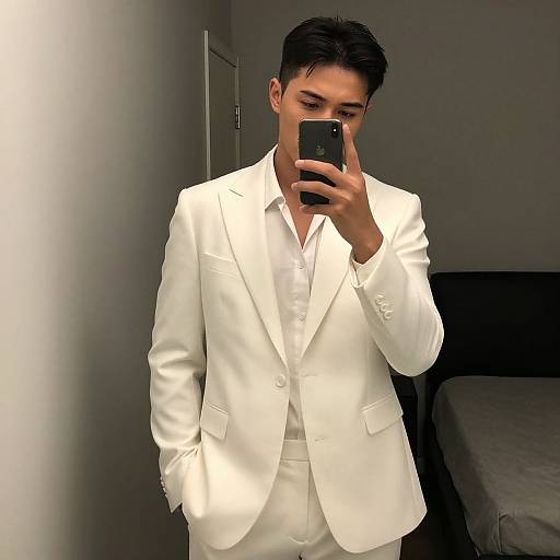 Photograph of an Asian man with short black hair, wearing a white suit, taking a mirror selfie with a black smartphone in a minimalist gray room.