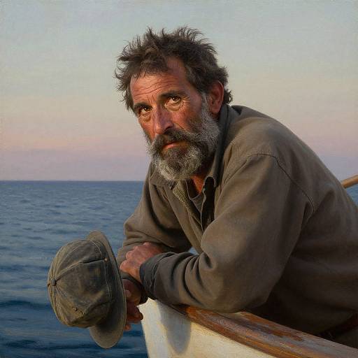 Photograph of a weathered, middle-aged man with a thick gray beard and tousled hair, wearing a brown shirt, leaning on a boat's