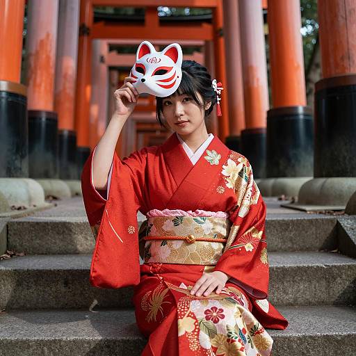 Woman in Red Kimono Holding Fox Mask at Torii Gates