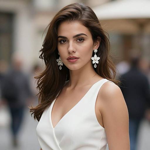 Photograph of a beautiful woman with long, wavy brown hair, wearing a white V-neck dress and large, floral earrings, standing in a blurred