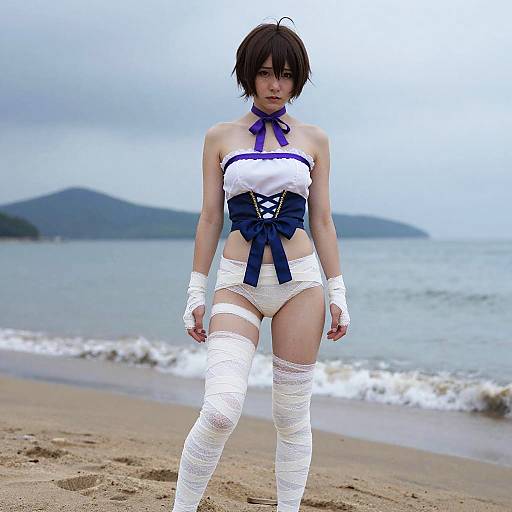Anime-style photograph of a young woman with short black hair, wearing a white and blue strapless top, white panties, and bandages on her arms