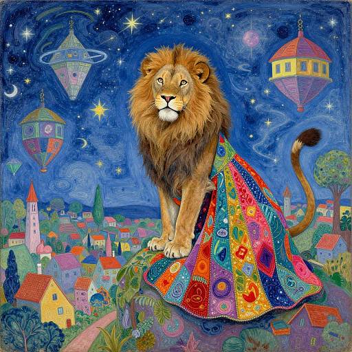 Vibrant painting of a regal lion in a colorful, patterned skirt, standing on a rooftop under a starry, whimsical night sky