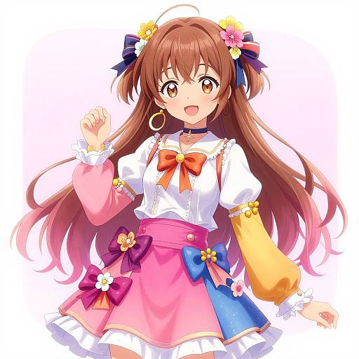 Digital anime-style drawing of a cute, brown-haired girl with long hair, wearing a colorful, floral-accented outfit and large bows, smiling brightly