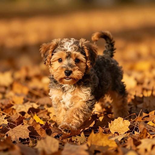 Photograph of a curly-haired, black and tan puppy with expressive eyes, running through a golden autumn forest floor covered in fallen leaves.