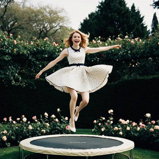 Joyful Woman Jumping on Trampoline in Rose Garden