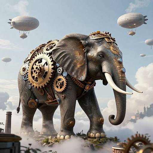 Steampunk elephant with gears and clockwork mechanisms, standing on a cloudy landscape with airships, under a bright blue sky. Digital art.
