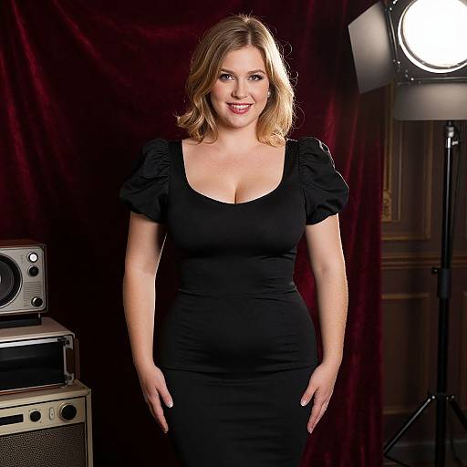 Photograph of a smiling blonde woman with shoulder-length hair, wearing a black, short-sleeved, form-fitting dress, standing in front of