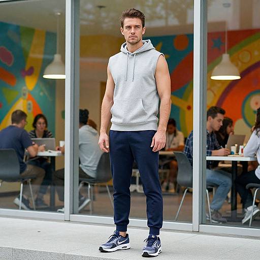Photograph of a muscular man with short brown hair, wearing a sleeveless gray hoodie, black pants, and navy sneakers, standing outside a colorful,