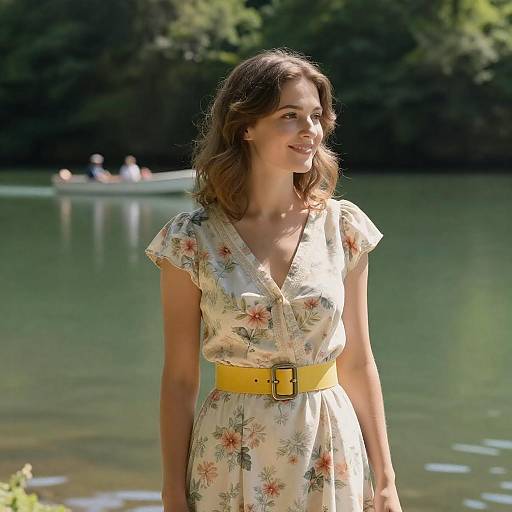 Woman in Vintage Floral Dress by Lake