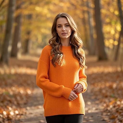Photograph of a woman with long brown wavy hair, wearing an orange knitted sweater, standing on a forest path covered in autumn leaves, with