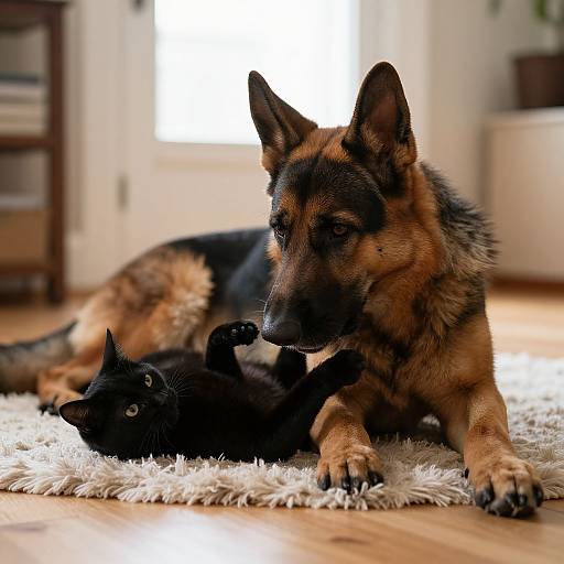 Photograph of a German Shepherd lying on a white rug, gently touching a black cat's paw in a sunlit, wooden-floored room.