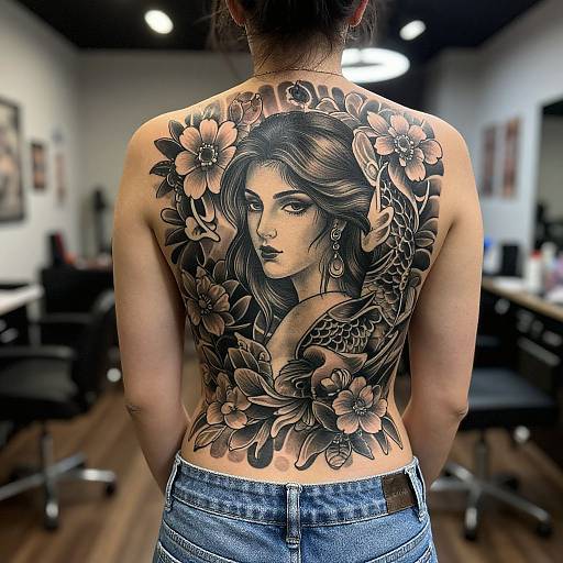 Photograph of a tattooed woman from the back, featuring a detailed black and gray floral portrait of a woman with long hair on her upper back,