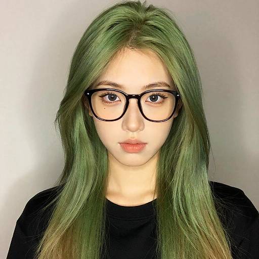 Photograph of a fair-skinned young woman with long green hair, black glasses, and black top, against a plain gray background.