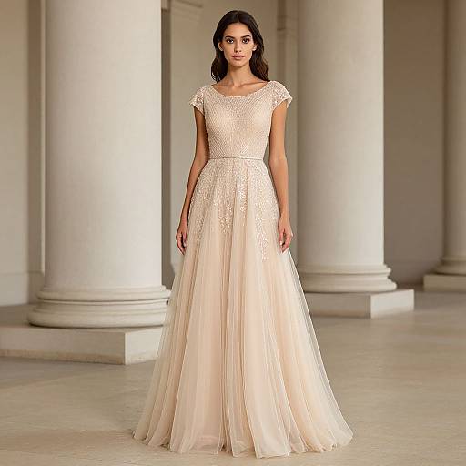 Photograph of a dark-haired woman in a white, lace-trimmed, short-sleeved, floor-length wedding gown, standing in a grand