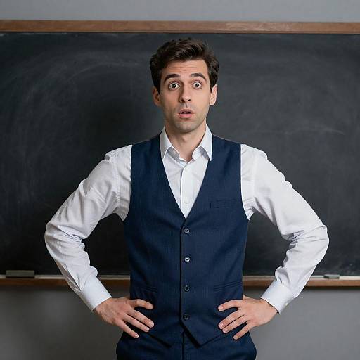 Surprised Man Standing by Chalkboard