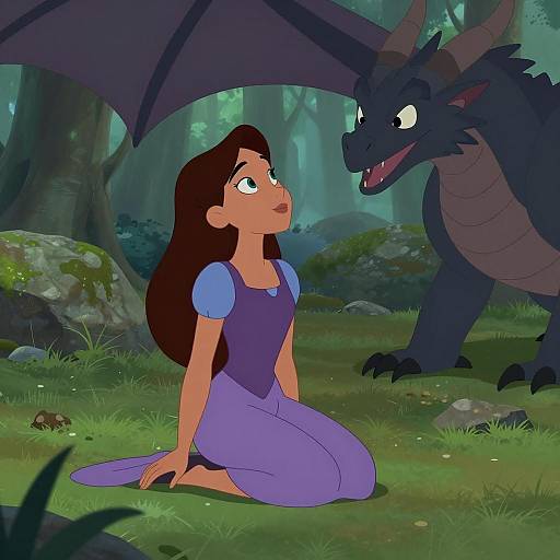 Animated Girl and Dragon in Forest