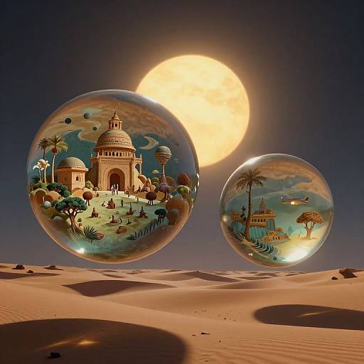Photorealistic CGI: Two glass spheres float in a desert under a glowing full moon, each sphere containing detailed, colorful ancient architecture scenes with domes