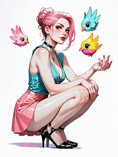Stylish Woman with Pink Hair and Birds