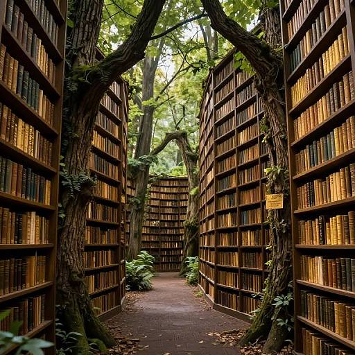 Photograph of a narrow, tree-arched library aisle with tall, wooden bookshelves filled with yellowed books, surrounded by green foliage.