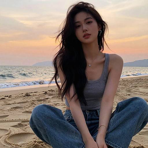 Photograph of a young Asian woman with long, dark hair sitting cross-legged on a sandy beach at sunset, wearing a gray tank top and blue jeans