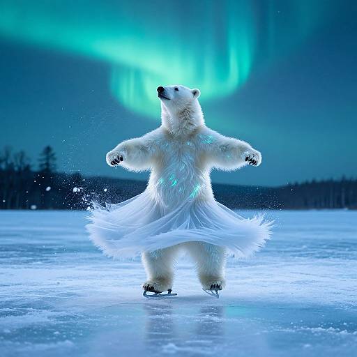 Photograph of a dancing polar bear under vibrant green northern lights, splashing on a frozen lake at night. Blue and white hues dominate.