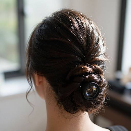 Photograph of a woman's dark brown, intricately braided updo with a small black hair accessory, backlit by natural light.