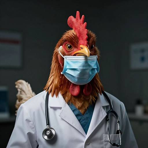 Digital artwork of a brown rooster with a red comb and yellow beak, wearing a blue surgical mask and white lab coat with stethoscope,