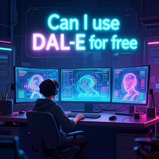 Photograph of a person with black hair and headphones, sitting at a neon-lit workstation with 