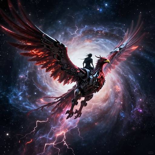 Mechanical Phoenix Rider in Stormy Galaxy