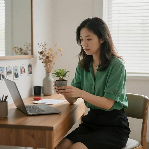 Calm Asian Woman at a Wooden Desk