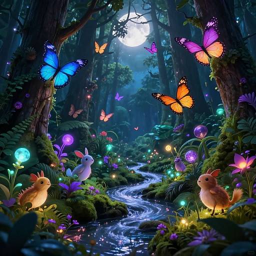 Whimsical forest scene at night, featuring glowing butterflies, colorful flowers, illuminated rabbits, and a winding stream with luminescent lights.