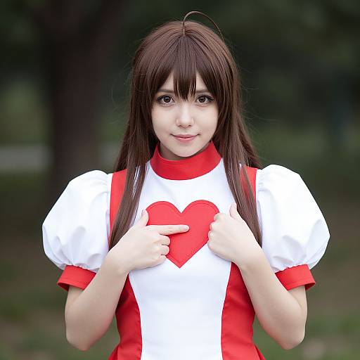 Photograph of a young Asian woman with long brown hair, wearing a white and red anime-style dress with a heart, holding it near her chest,