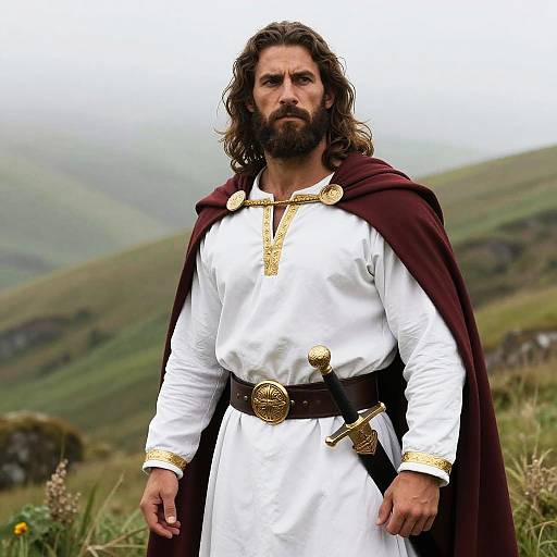 Photograph of a bearded man with long brown hair, wearing a white tunic with gold trim, dark brown belt, and maroon cape,