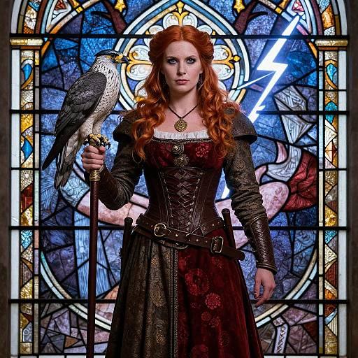 Photograph of a red-haired woman in medieval attire, holding a gray bird, standing before a vibrant stained glass window.