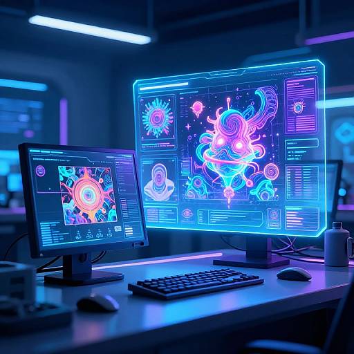 Neon-lit dual computer monitors displaying vibrant, futuristic digital graphics in blue and pink, set on a modern desk in a dimly lit office.