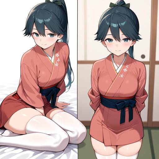 Elegant Girl in Pink Kimono with Thigh Highs