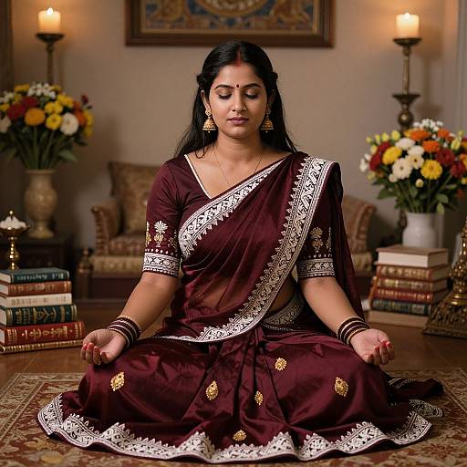 Photograph of a serene Indian woman in a maroon saree with white floral embroidery, meditating in a warmly lit room with flowers, books,
