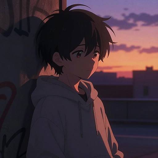 Sad Anime Boy at Sunset Wall