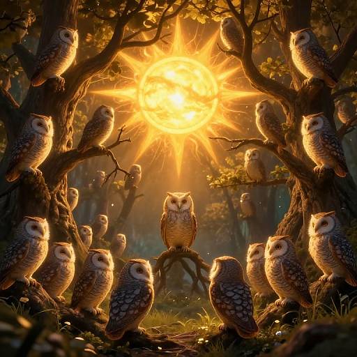 Luminous Owls Beneath Radiant Tree