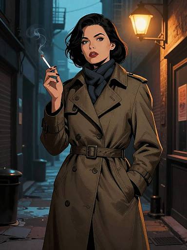 Female Detective in Trench Coat Smoking Cigarette