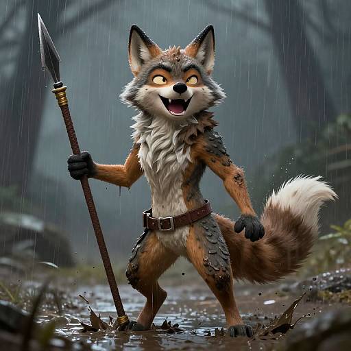 Digitally illustrated anthropomorphic fox, standing in rain-soaked forest, holding spear, wearing leather armor and belt, with joyful expression, amidst muddy pudd