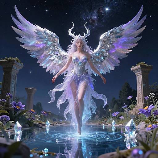 Digital art of a glowing, ethereal angel with white wings, horned headdress, and flowing dress, standing in a luminous, starry