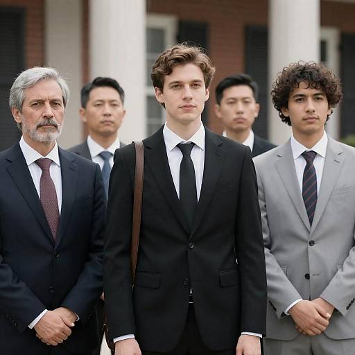Photograph of five young men in formal suits, standing in a row outdoors, with white columns and brick building background. Central figure with light brown hair
