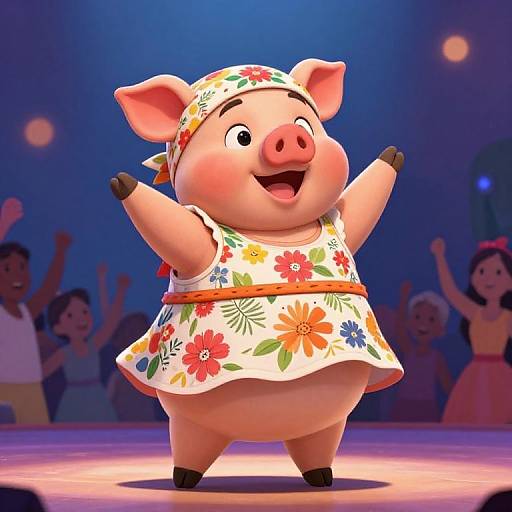 CGI cartoon of a joyful, chubby piglet in a floral dress and headscarf, arms raised, on stage with cheering audience.