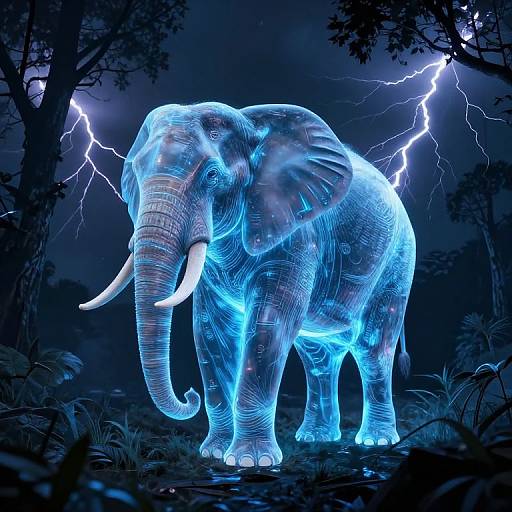 Digital CGI of a glowing blue, neon-lit elephant with lightning bolts in a dark, stormy forest, highlighting its detailed texture.